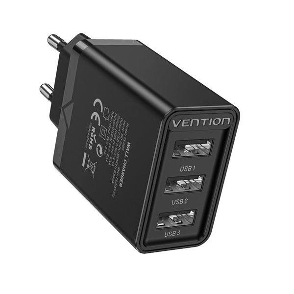 VENTION FEAB0-EU 3-port USB(A+A+A) Wall Charger EU-Plug Black