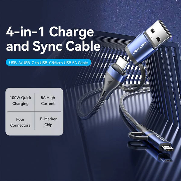 image of Vention CTLLF 4-in-1 Cotton Braided USB 2.0 5A Cable - 1M with Spec and Price in BDT
