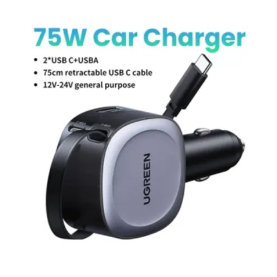 UGREEN EC601 (55653) 75W Fast Car Charger with Retractable Cable image of UGREEN EC601 (55653) 75W Fast Car Charger with Retractable Cable with Spec and Price in BDT