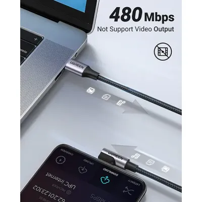image of UGREEN US255 (50122) USB 2.0 Type-C to C Right Angled Braided Cable - 0.5M with Spec and Price in BDT