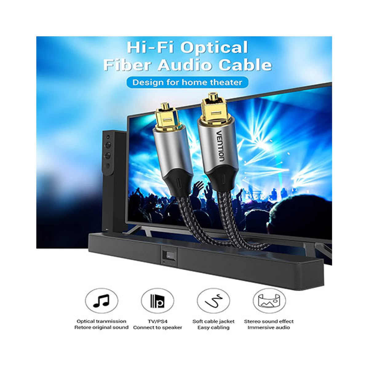 Cavo Audio In Fibra Ottica Vention BAEBH, TOSLINK Maschio, 2 Metri, Nero, Plug And Play