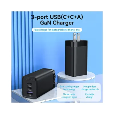 image of Vention FEDB0-US 3-port 65W USB(C+C+A) GaN Charger - Black with Spec and Price in BDT