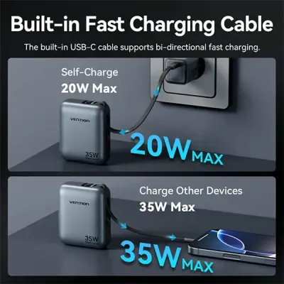 VENTION FHEN0 35W 10000mAh Mini Power Bank with Built-in USB-C Cable image of VENTION FHEN0 35W 10000mAh Mini Power Bank with Built-in USB-C Cable with Spec and Price in BDT