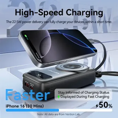 VENTION FHXW0 22.5W 10000mAh LED Display 6-in-1 Travel Power Bank with Built-in USB-C and Lightning Cable image of VENTION FHXW0 22.5W 10000mAh LED Display 6-in-1 Travel Power Bank with Built-in USB-C and Lightning Cable with Spec and Price in BDT