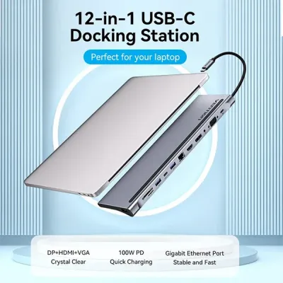 VENTION THSHC Multi-function 12-in-1 USB-C Docking Station - Gray image of VENTION THSHC Multi-function 12-in-1 USB-C Docking Station - Gray with Spec and Price in BDT