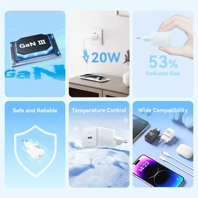 VENTION TZ-FEPB0-US-01 20W 1-Port USB-C GaN Charger with USB-C to USB-C Cable -US Plug image of VENTION TZ-FEPB0-US-01 20W 1-Port USB-C GaN Charger with USB-C to USB-C Cable -US Plug with Spec and Price in BDT