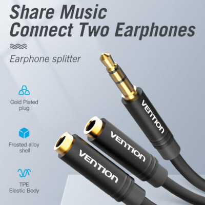 image of VENTION BBWBY 3.5mm Male to 2*3.5mm Female Stereo Splitter Cable 0.3M Black Metal Type with Spec and Price in BDT