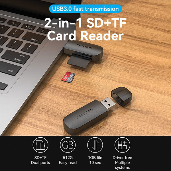 image of Vention CLFB0 2-in-1 USB 3.0 A Card Reader with Spec and Price in BDT