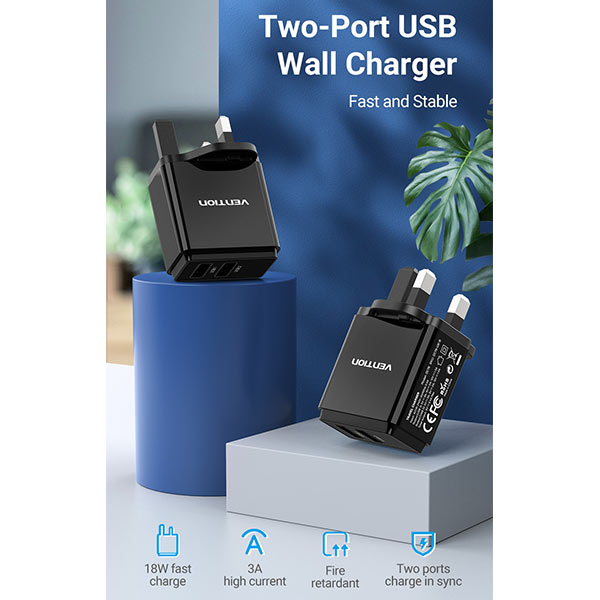 image of Vention FBAB0-UK 18W Two Port USB A Wall Charger with Spec and Price in BDT
