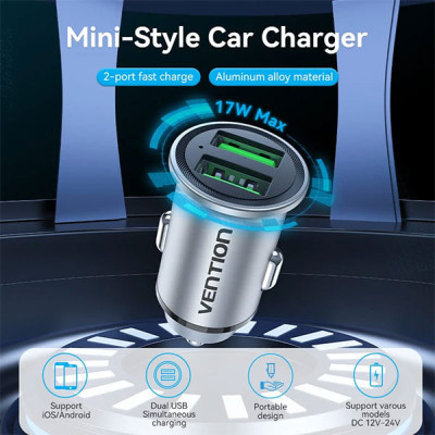Vention FFAH0 Two-Port USB A 18W Car Charger image of Vention FFAH0 Two-Port USB A 18W Car Charger with Spec and Price in BDT