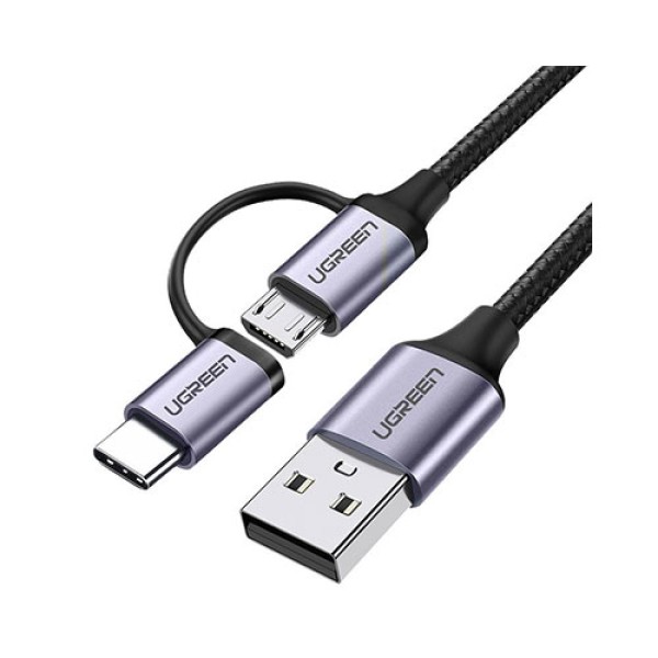 UGREEN 30875 USB 2.0 A Male To Micro USB + USB-C Male 3A Data Cable - 1M