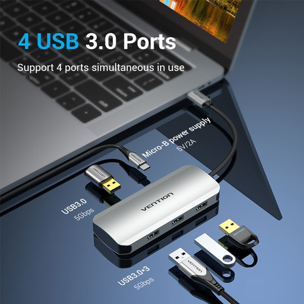 image of VENTION TNAHB USB-C to USB 3.0x4/Micro-B Hub 0.15M Gray with Spec and Price in BDT